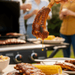 A hand holding a saucy peachy baby back rib at a backyard BBQ, with a plate of sides and a grill in the background.