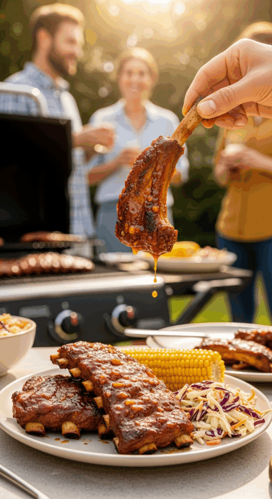 A hand holding a saucy peachy baby back rib at a backyard BBQ, with a plate of sides and a grill in the background.