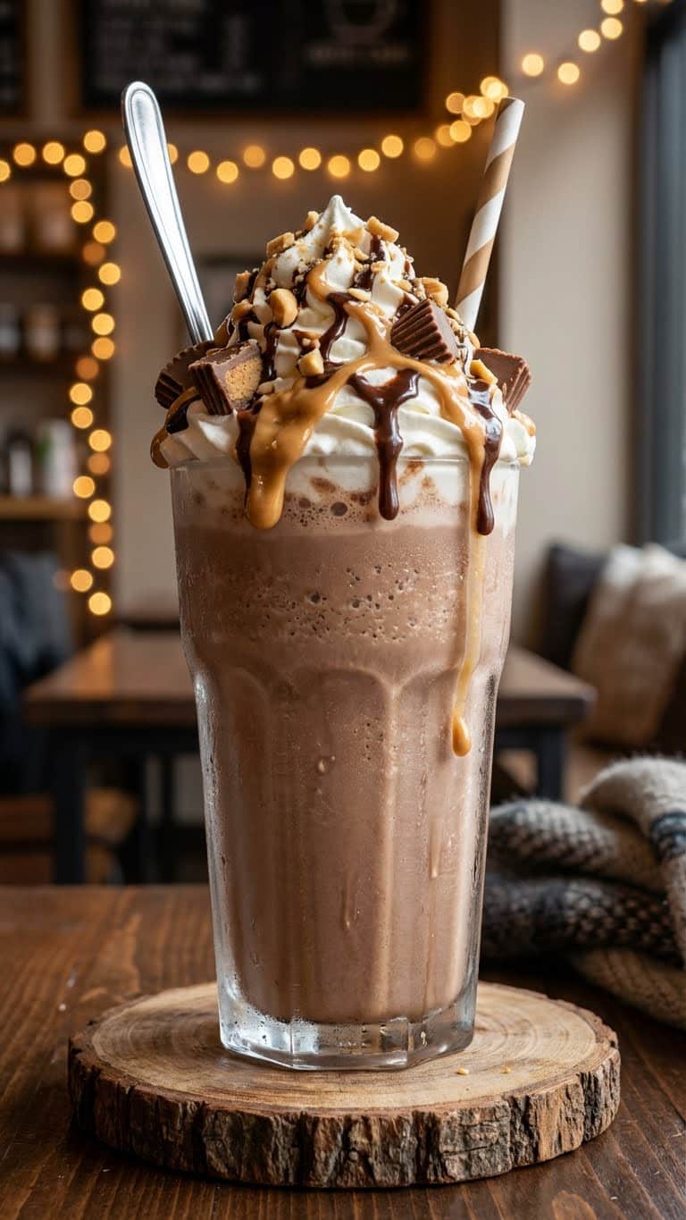 A tall, frosted glass overflowing with Peanut Butter Frozen Hot Chocolate, topped with whipped cream, peanut butter and chocolate drizzle, and chopped candy cups.