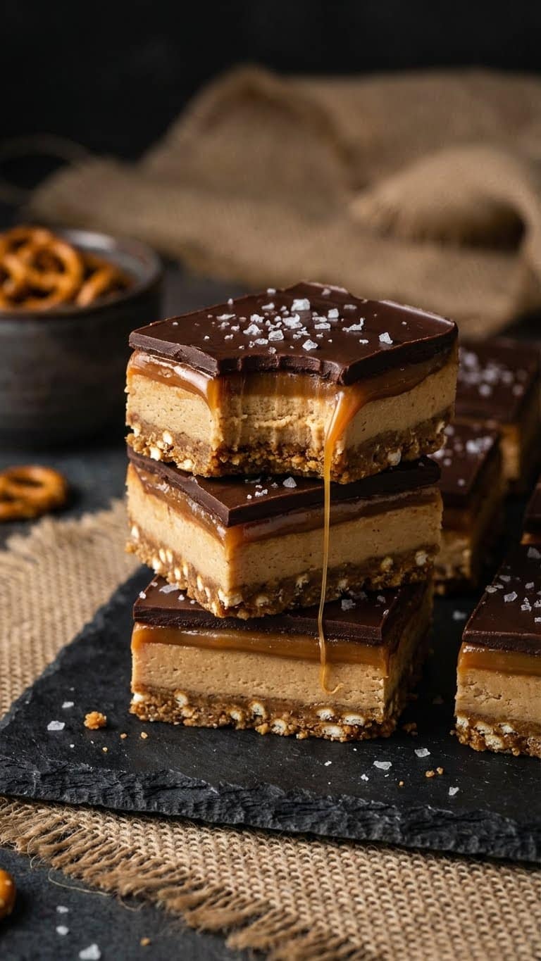 A stack of layered dessert bars showing pretzel crust, peanut butter, caramel, and chocolate.A stack of layered dessert bars showing pretzel crust, peanut butter, caramel, and chocolate.