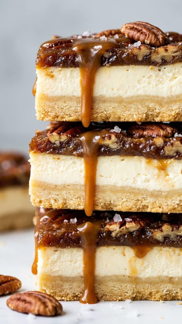 A stack of cheesecake bars with shortbread crust and pecan pie topping
