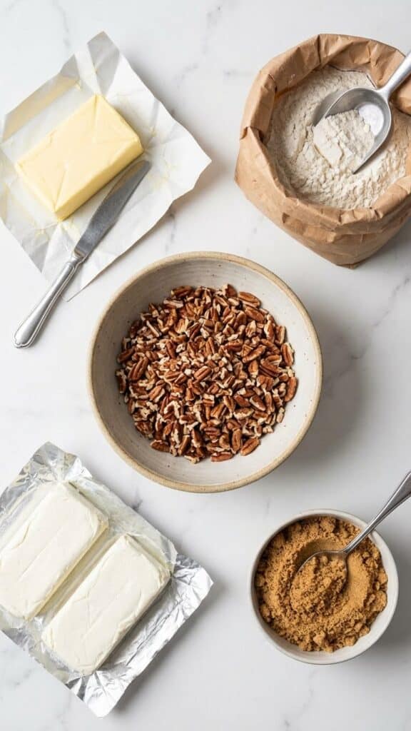 Ingredients for pecan cheesecake bars including pecans, butter, and cream cheese.