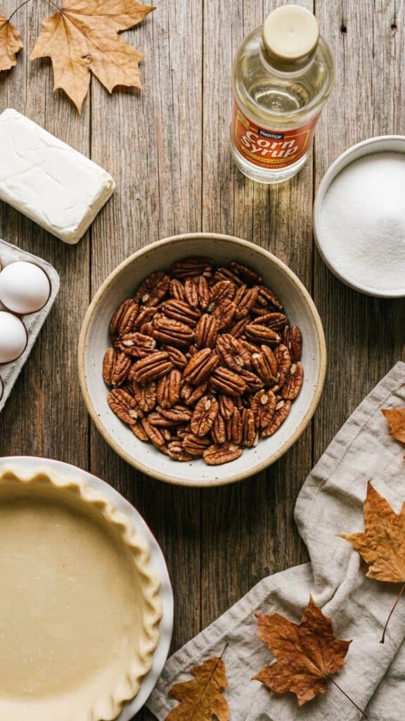 Ingredients for pecan cheesecake pie including cream cheese, corn syrup, and pecans.