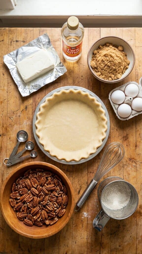 Flat lay of ingredients for pecan pie including corn syrup and cream cheese.