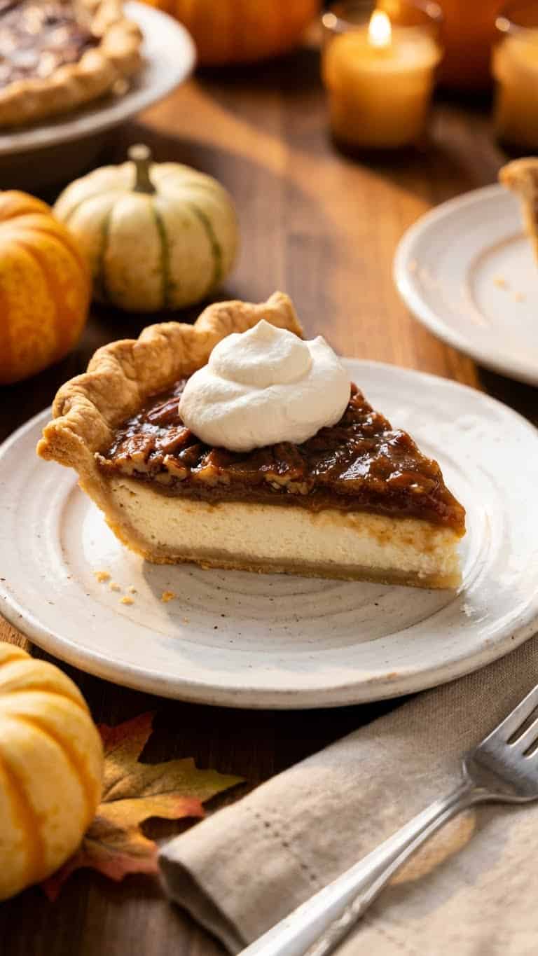 Slice of layered pecan pie with a white cheesecake layer on the bottom.