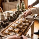 A platter of pecan cheesecake squares served at a buffet.