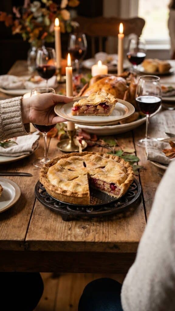 A pecan cheesecake pie being served at a Thanksgiving dinner table.