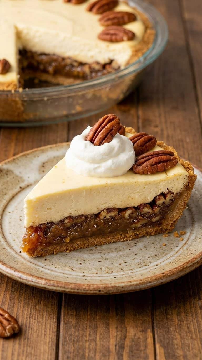 A slice of pecan pie with a distinct layer of cheesecake at the bottom.