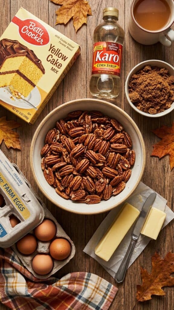 Ingredients for pecan dump cake including cake mix, corn syrup, pecans, and eggs.