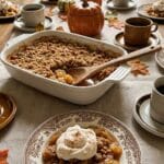A baking dish of pecan dump cake served on a holiday table with whipped cream.