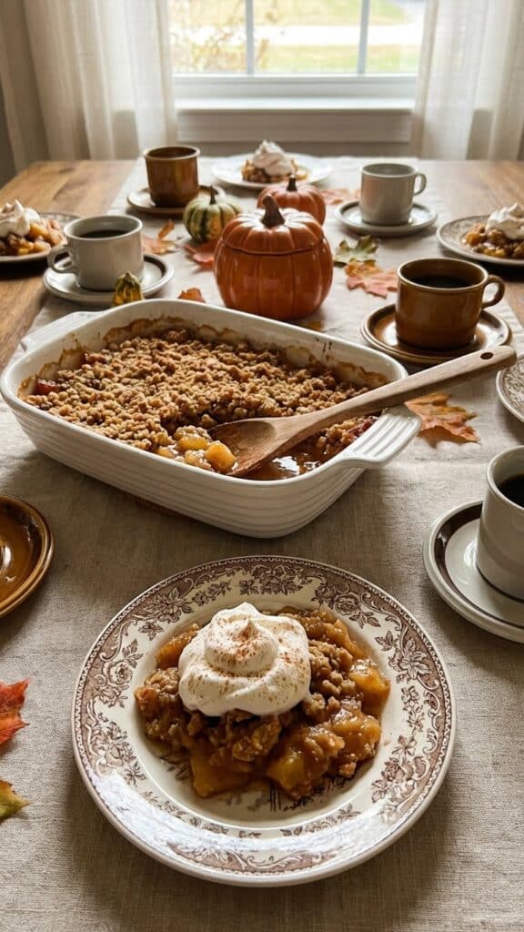 A baking dish of pecan dump cake served on a holiday table with whipped cream.