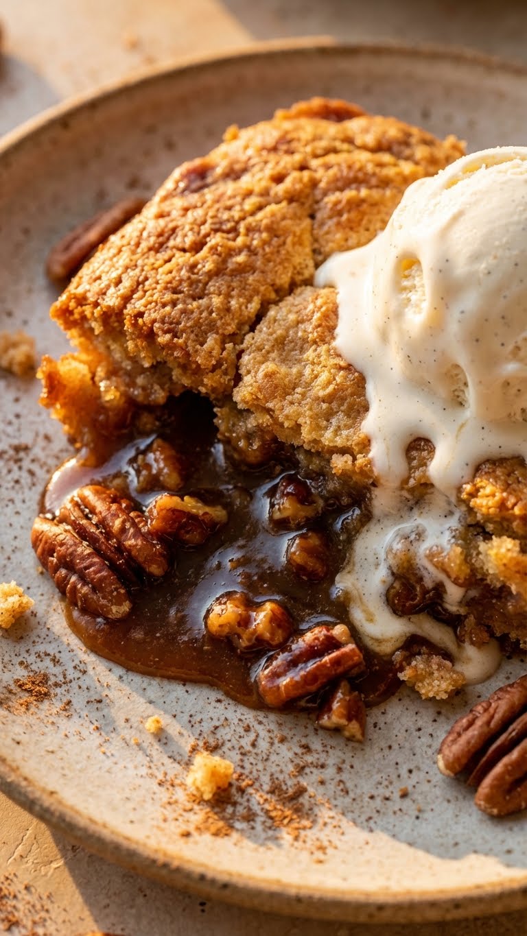 A scoop of pecan pie dump cake with a gooey caramel nut bottom and cake crust.