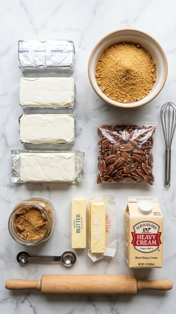 Flat lay of ingredients for pecan cheesecake including cream cheese and pecans.
