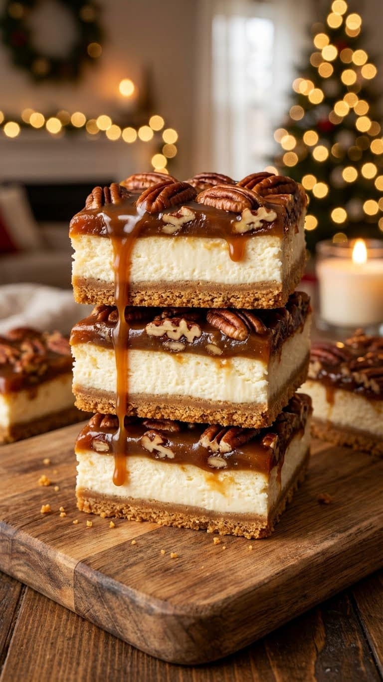 Stack of cheesecake bars topped with gooey pecan pie filling.