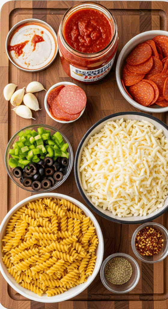 Overhead view of ingredients for pizza casserole: uncooked pasta, marinara sauce, pepperoni slices, shredded mozzarella, peppers, olives, and spices arranged on a wooden board.