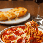 A bowl of cheesy pepperoni pizza casserole served with a fork, set on a dinner table with garlic bread and wine in the background.