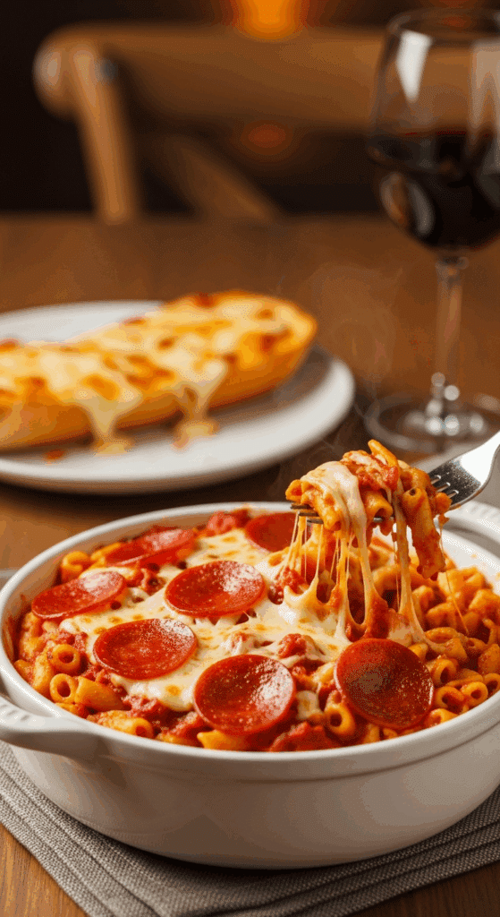 A bowl of cheesy pepperoni pizza casserole served with a fork, set on a dinner table with garlic bread and wine in the background.
