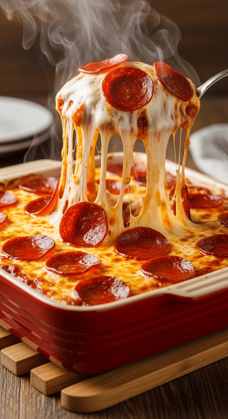 A hot, bubbling pepperoni pizza casserole in a baking dish, with a serving spoon lifting a scoop to reveal a long, stretchy cheese pull.