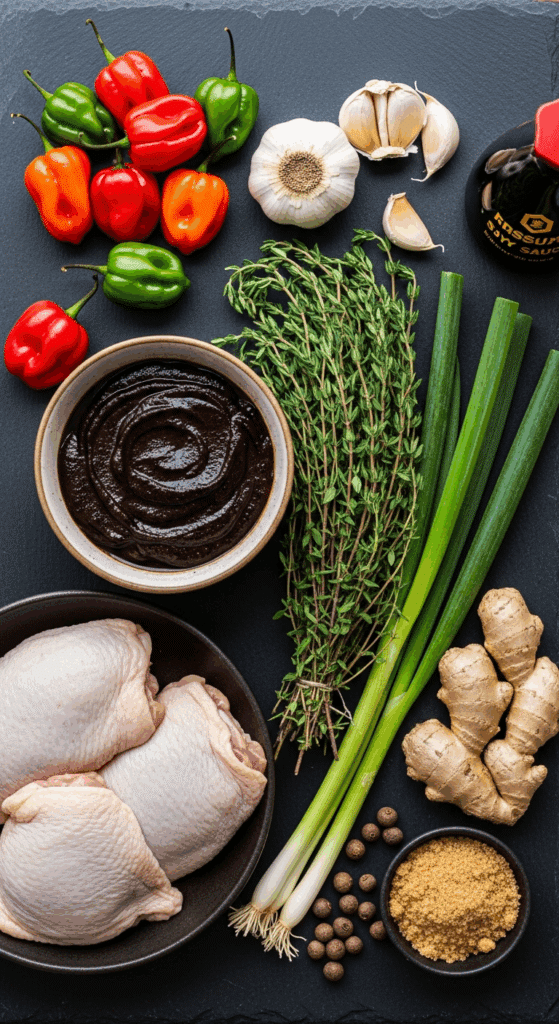 Overhead view of ingredients for jerk chicken marinade: raw chicken, scotch bonnet peppers, fresh thyme, green onions, allspice, ginger, and dark sauces on a slate surface.