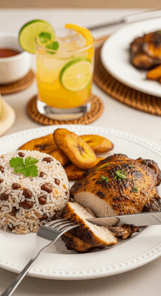 A plate of baked jerk chicken served with rice and peas and fried plantains, with a fork cutting into the juicy chicken thigh.