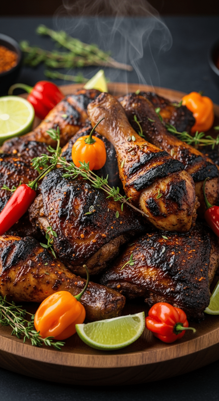 A close-up photograph of a rustic platter piled with baked jerk chicken pieces, showing a dark, charred, sticky glaze garnished with fresh thyme, scotch bonnet peppers, and lime.