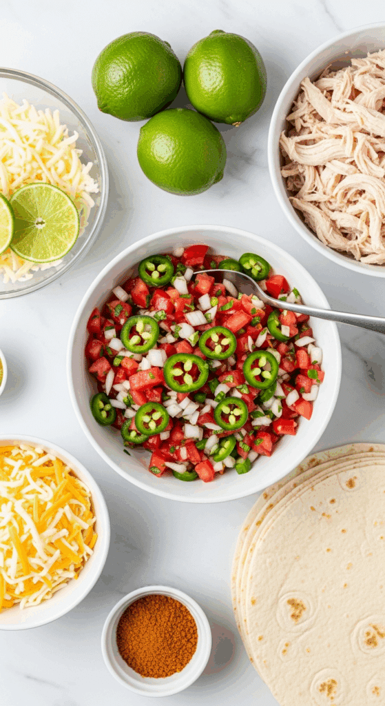 Ingredients for chicken quesadillas including fresh pico de gallo, shredded chicken, cheese, and tortillas laid out on a marble surface.