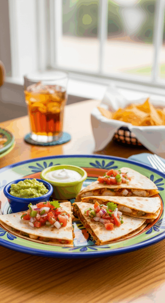 Plated chicken quesadilla wedges served with guacamole and sour cream on a sunny table.
