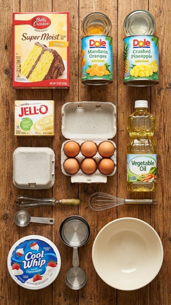 Flat lay of ingredients for Pig Pickin' Cake including canned oranges and pineapple.