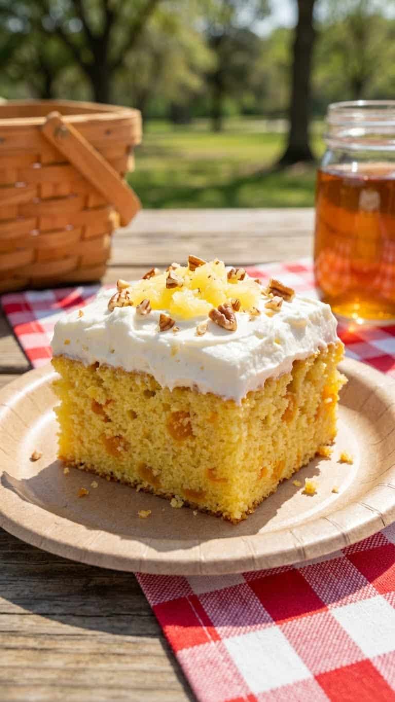 Slice of mandarin orange cake with fluffy pineapple frosting on a picnic table.
