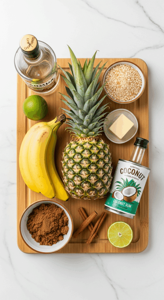 Overhead view of ingredients for tropical bananas foster: bananas, fresh pineapple, brown sugar, butter, coconut rum, and lime on a bamboo board.