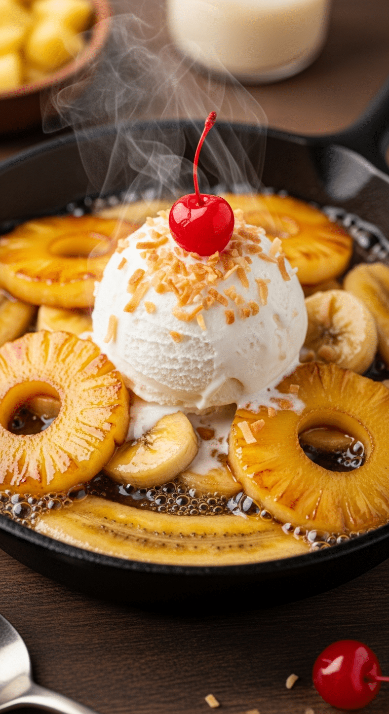 A cast-iron skillet filled with caramelized bananas and pineapple in a rum sauce, topped with melting coconut ice cream and toasted coconut flakes.