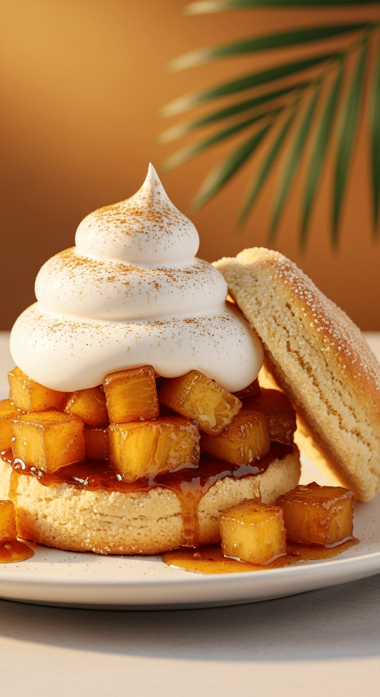 A close-up photograph of a golden shortcake filled with caramelized pineapple and a large dollop of cinnamon-spiced whipped cream.