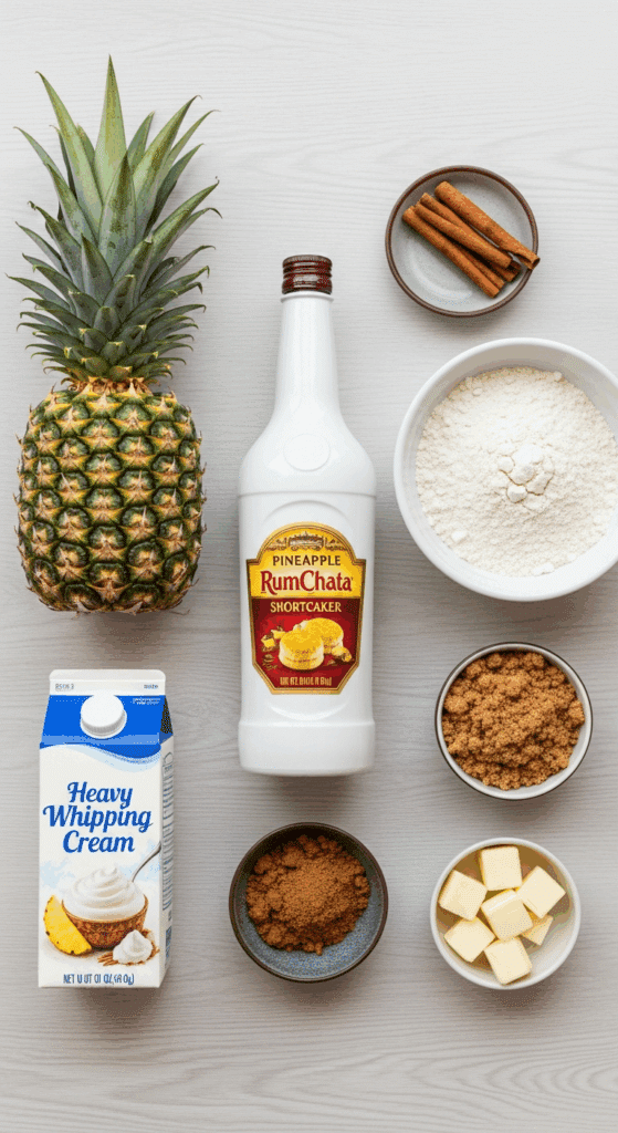 Overhead view of ingredients for pineapple shortcakes: fresh pineapple, a bottle of RumChata, heavy cream, biscuit mix, sugar, and cinnamon on a wooden table.