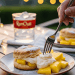 A plated Pineapple RumChata Shortcake on an outdoor patio table at sunset, with a fork cutting into the dessert and a drink in the background.
