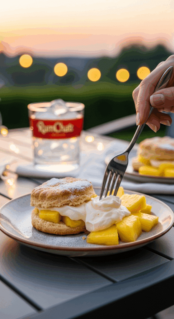 A plated Pineapple RumChata Shortcake on an outdoor patio table at sunset, with a fork cutting into the dessert and a drink in the background.