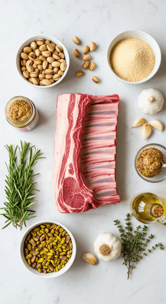 Raw ingredients for pistachio lamb including a frenched rack, pistachios, mustard, herbs, and breadcrumbs on marble.
