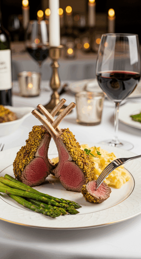 Plated pistachio lamb chops with potato gratin and asparagus on an elegant dinner table with wine.