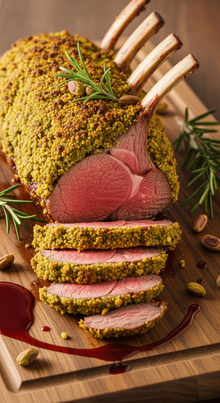 Close-up of a sliced pistachio-crusted rack of lamb on a wooden board, showing a medium-rare interior and drizzled sauce.