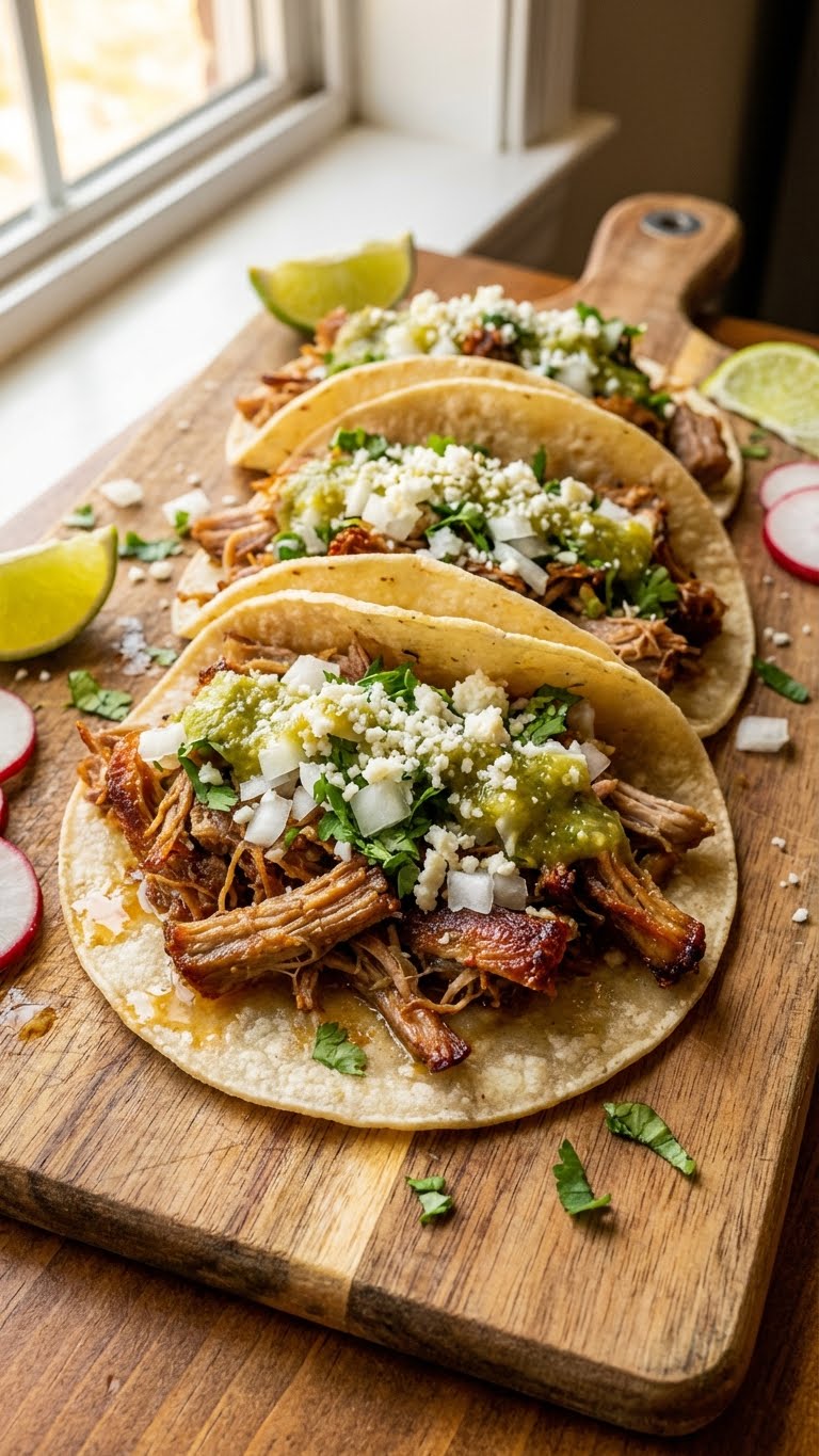 A close-up photograph of three street tacos on a wooden board, filled with crispy pork carnitas, topped with onion, cilantro, salsa verde, and cotija cheese.