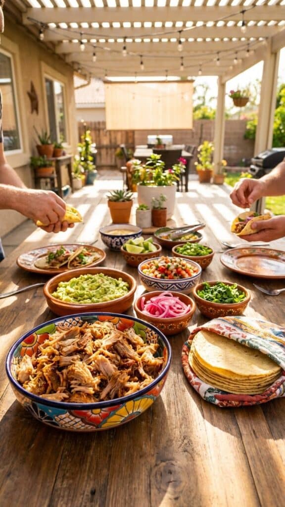 Overhead view of pork carnitas frying in a cast iron skillet with orange slices and bay leaves, showing the meat getting crispy and golden brown in bubbling fat.
