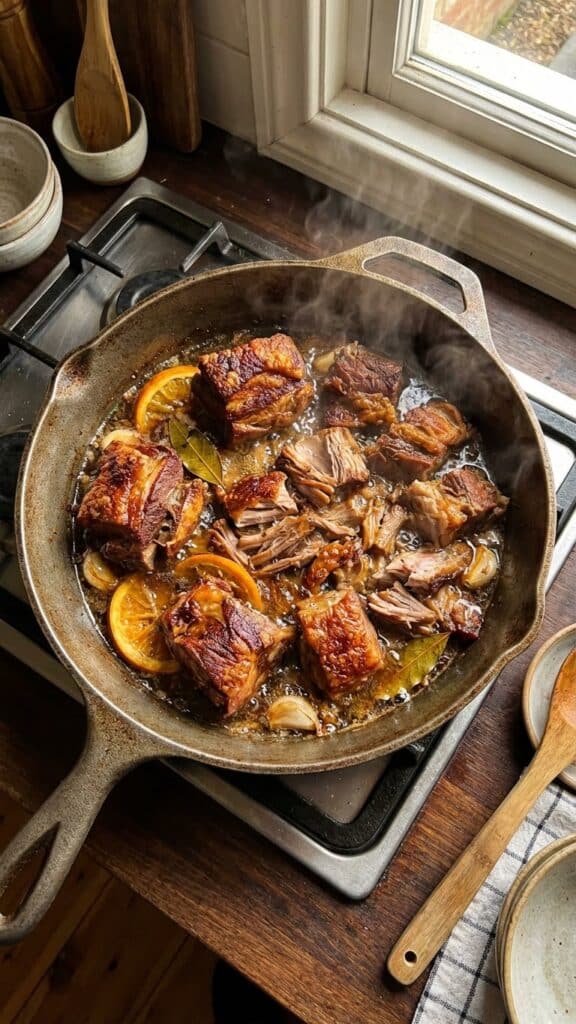 A sunny outdoor taco bar setup with a large bowl of pork carnitas surrounded by various toppings, tortillas, and hands building tacos.