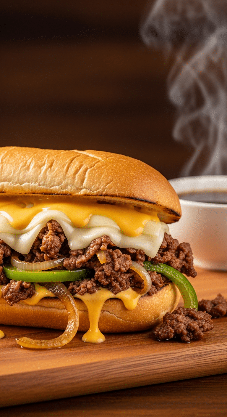 A close-up photograph of a loaded Philly cheesesteak sandwich with shredded pressure-cooked beef, peppers, onions, and melted cheese, served with au jus.