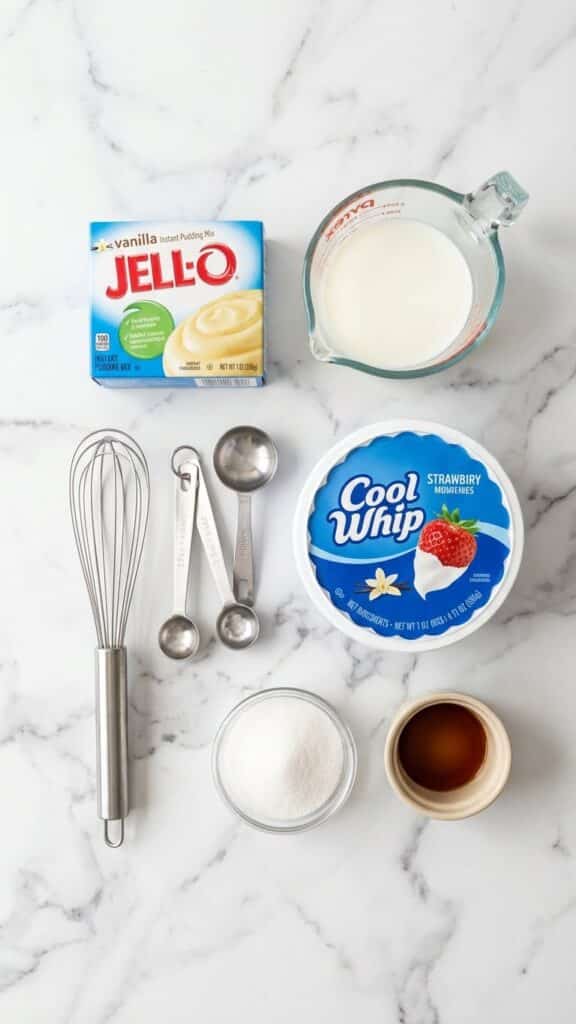 Flat lay of ingredients for pudding frosting: pudding mix, milk, and Cool Whip.