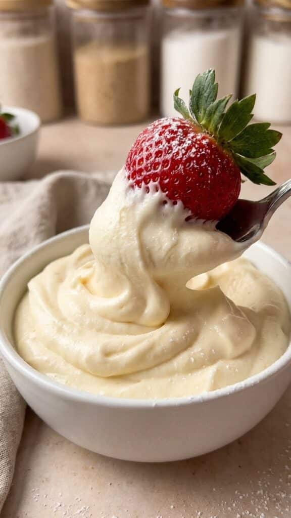 Close-up of a strawberry dipped in fluffy pudding mousse frosting.