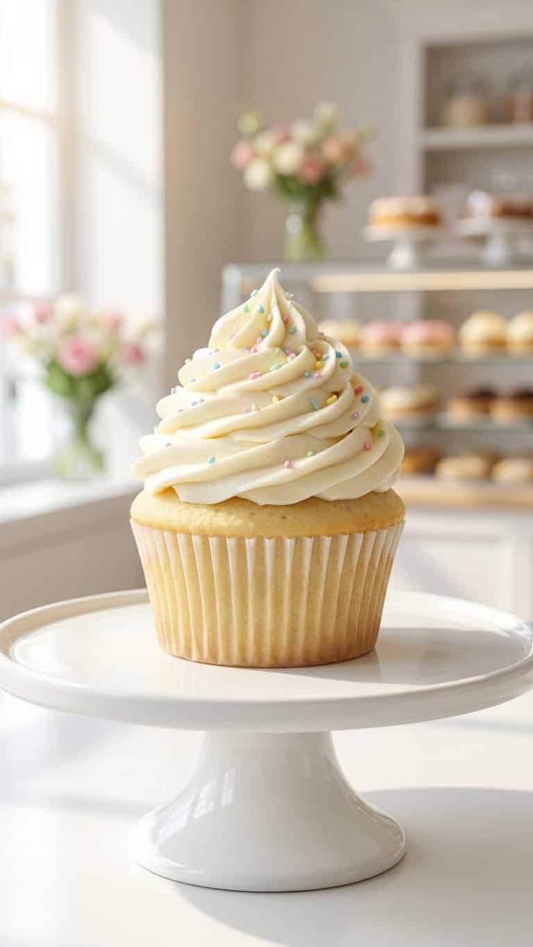 Vanilla cupcake with a tall swirl of stable pudding whipped frosting.