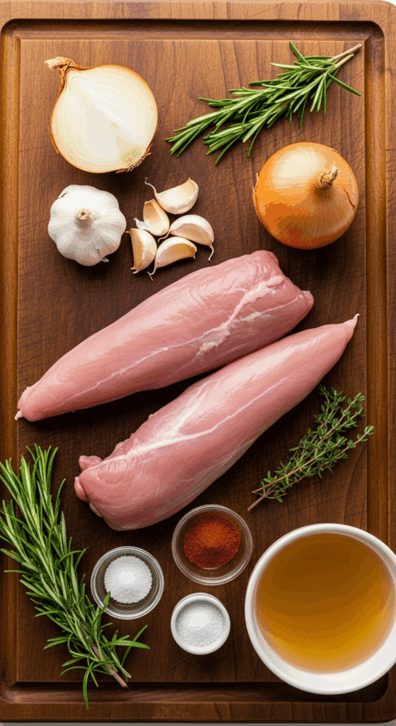 Overhead view of ingredients for pulled turkey: raw turkey tenderloins, onion, garlic, fresh herbs, broth, and spices arranged on a wooden board.