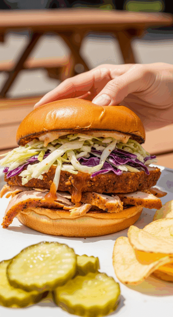 A hand holding a pulled turkey tenderloin sandwich on a brioche bun topped with coleslaw, set in a casual outdoor dining scene.