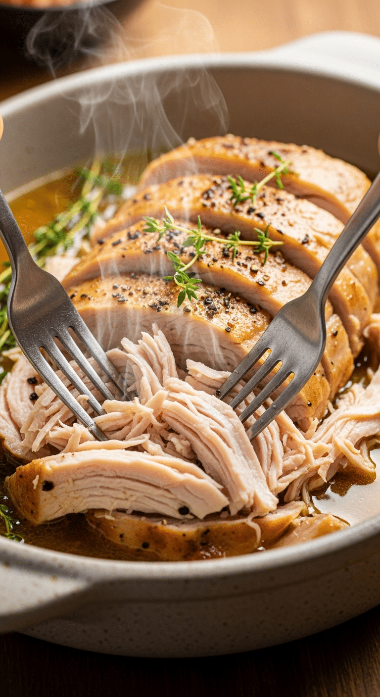 A close-up photograph of juicy pulled turkey tenderloin in a stoneware bowl, with two forks shredding the tender meat, garnished with fresh thyme.