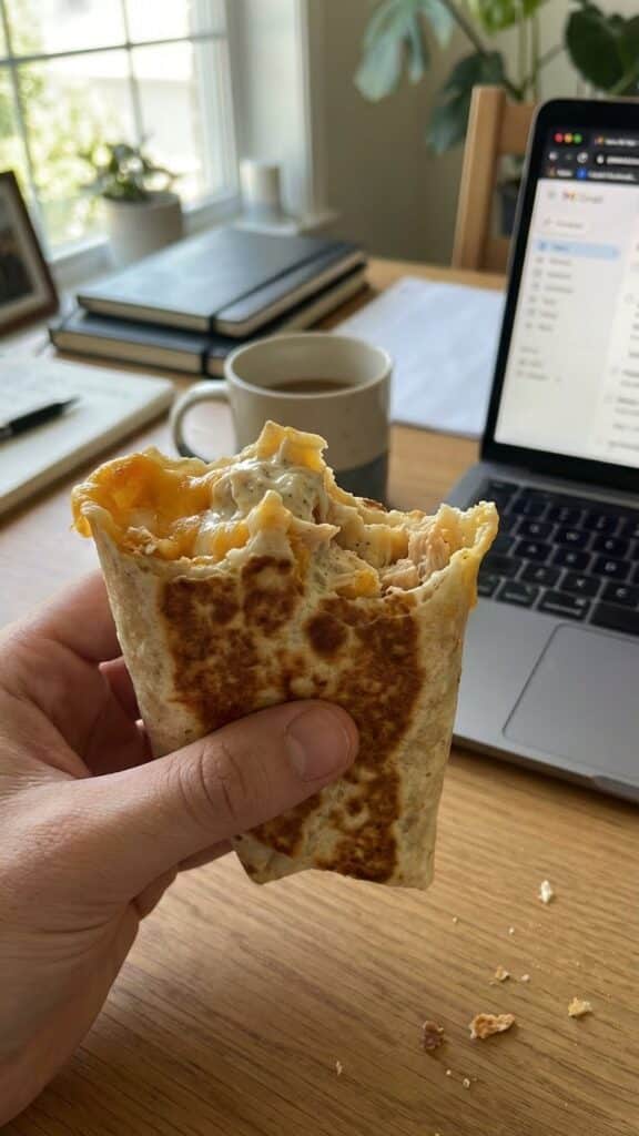 A hand holding a toasted chicken wrap with a bite taken out, showing the creamy filling.