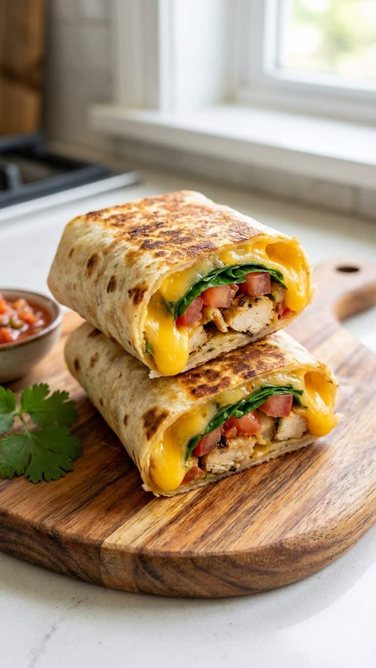 Stack of toasted chicken wraps cut open to show melted cheese and fresh vegetables.